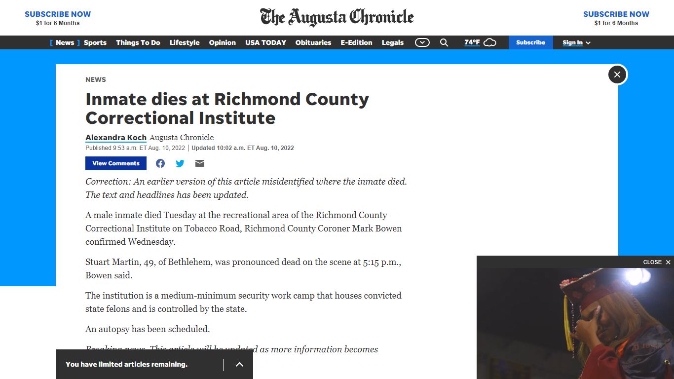 Inmate diesTuesday at Richmond County Correctional Institute